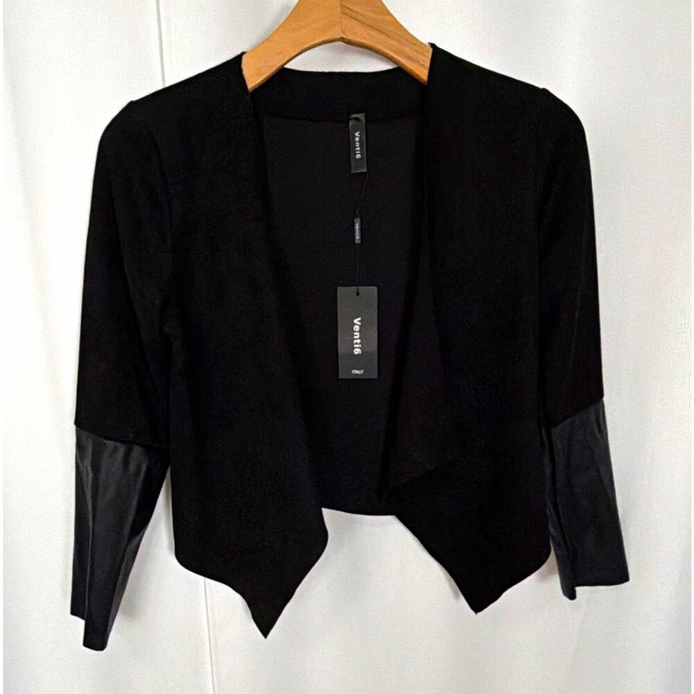 NWT Venti6 Black Open Front Draped Short Jacket Long Sleeve Women Regular Fit M
